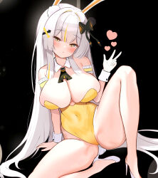1girl absurdres animal_ears arm_garter bare_legs bare_shoulders black_background black_survival bow breasts cleavage covered_navel detached_collar eternal_return:_black_survival fake_animal_ears gloves hair_bow hand_up heart high_heels highleg highleg_leotard highres knee_up large_breasts leotard long_hair looking_at_viewer minami_rio minami_rio_(winning_shot) multicolored_hair official_alternate_costume playboy_bunny rabbit_ears shoes simple_background single_glove sitting skindentation solo sss2056 strapless strapless_leotard streaked_hair thighs very_long_hair white_gloves white_hair white_shoes wrist_cuffs yellow_eyes yellow_leotard
