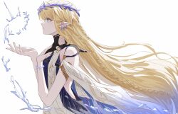 1girl bare_shoulders black_collar blonde_hair blue_eyes cartethyia_(wuthering_waves) celly_(mogmog_99) collar commentary crown_of_thorns earrings from_side hand_on_own_chest hand_up highres jewelry long_hair parted_lips pointy_ears profile sidelocks solo upper_body very_long_hair wuthering_waves