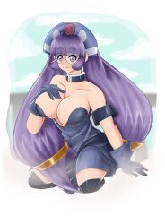 1girl breasts cleavage glasses gluko large_breasts mon_colle_knights purple_eyes purple_hair rokumon_tengai_mon_colle_knight simple_background tagme