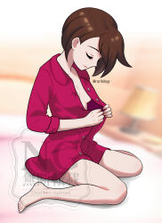 1girl absurdres artist_name bare_legs barefoot blurry blurry_background breasts brown_hair closed_eyes closed_mouth collared_shirt full_body gloria_(pokemon) highres lamp nightstand nintendo nipple_slip nipples on_bed pokemon pokemon_swsh red_shirt rurihikop shirt short_hair sitting small_breasts smile solo thighs undressing wariza watermark