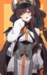 1girl absurdres bare_shoulders black_gloves black_hair black_survival blush breasts commentary double_bun eternal_return:_black_survival gloves hair_bun hat highres jacket jacket_partially_removed korean_commentary leg_grab li_dailin long_hair long_sleeves looking_at_viewer off_shoulder pantyhose simple_background small_breasts smile solo split standing standing_on_one_leg standing_split taenyaki thighband_pantyhose twintails white_background white_pantyhose yellow_eyes yellow_jacket