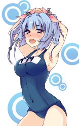 10s 1girl arms_up bad_id bad_pixiv_id blue_hair breasts female_focus highres i-19_(kancolle) kantai_collection kk large_breasts long_hair one-piece_swimsuit personification red_eyes school_swimsuit solo swimsuit twintails