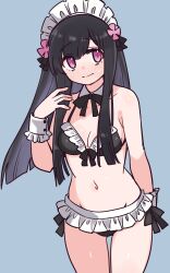 absurdres bikini black_bikini black_bow black_hair black_ribbon bow detached_collar frilled_bikini frills hair_ornament hair_ribbon hairband highres light_blush long_hair nikukabe parted_bangs personification pink_eyes ribbon suishinshi_masahide_(tenka_hyakken) sweatdrop swimsuit tenka_hyakken white_wrist_cuffs wrist_cuffs