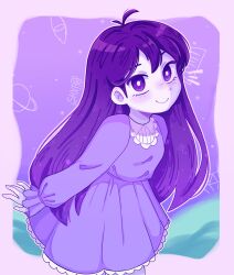 Rule 34 | 1girl, absurdres, alternate costume, alternate universe, antenna hair, artist name, blush, bright pupils, colored skin, dress, highres, long hair, long sleeves, looking at viewer, mari (headspace) (omori), mari (omori), omori, purple dress, purple eyes, purple hair, shxro524, smile, solo, white pupils, white skin