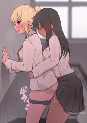 1futa 1girl anal animated ass black_hair black_skirt blonde_hair blue_eyes blush breasts closed_eyes clothed_sex cum cum_in_pussy futa_with_female futanari h264_(codec) indoors jpeg_artifacts long_hair long_sleeves open_mouth original panties pleated_skirt ponytail school_uniform sex shirt shiwa_kou skirt sound source_request tagme underwear video