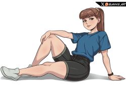 1girl amanda_(invincible) artist_name black_shorts blannis blue_shirt brown_hair facing_viewer from_side green_eyes hand_on_own_knee highres invincible_(series) lips looking_at_viewer looking_to_the_side nail_polish non-web_source patreon_logo raised_eyebrows scrunchie shirt shoes shorts sitting smile smirk solo thick_thighs thighs twitter_logo watch white_shoes wristwatch