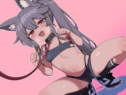 Rule 34 | 1girl, absurdres, animal ears, breasts, cat ears, collar, commission, grey hair, highres, leash, lk149, long hair, navel, open mouth, original, pixiv commission, smile, solo, squatting