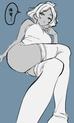ahoge ass breasts dark-skinned_female dark_skin fluffy_hair green_eyes gundam gundam_suisei_no_majo highres large_breasts leotard mizuno374 open_mouth panties pantyshot secelia_dote short_hair sketch thighhighs thighs underwear white_hair white_leotard white_nails white_thighhighs wide_hips