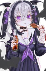 1girl arisuuuuu.1436 bat_(animal) cola food hatsuse_(virtuareal) highres korra meat nijisanji school_uniform serafuku twintails virtuareal