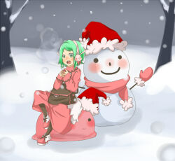 Rule 34 | 1girl, :3, black bag, black pantyhose, breath, cold, commentary request, full body, green eyes, green hair, hat, jacket, meiko (nattu303), merchant (ragnarok online), open mouth, outdoors, pantyhose, pink jacket, pink shoes, pink skirt, poring, rabbit earmuffs, ragnarok online, red hat, santa hat, shoes, short hair, sitting, skirt, slime (creature), snow, snowing, snowman, solo, tree