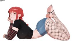 1girl ass black_shirt braid breasts chainsaw_man closed_mouth commentary detached_sleeves fishnet_pantyhose fishnets from_side highres large_breasts lilatole looking_at_viewer lying makima_(chainsaw_man) on_stomach pantyhose red_hair shirt simple_background smile smug soles solo stirrup_legwear striped_sleeves the_pose toeless_legwear white_background yellow_eyes