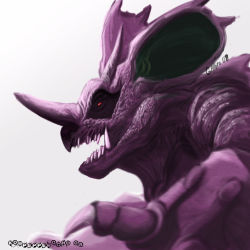 1boy claws fangs gen_1_pokemon glowing glowing_eyes horns kompepperochu lowres male_focus nidoking nintendo no_humans pokemon pokemon_(creature) realistic simple_background solo white_background
