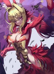 absurdres animal_ears blonde_hair breasts corset demon_girl fate/grand_order fate_(series) fox_ears fox_girl fox_tail gold_corset hair_intakes highres large_breasts looking_at_viewer m0_chi nero_claudius_(fate) nude queen_draco_(beast_vi/s)_(fate) queen_draco_(fate) red_eyes tail