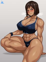 1girl abs absurdres avatar_legends blue_eyes blush breasts brown_hair cameltoe dark-skinned_female dark_skin highres huge_breasts jmg korra long_hair muscular muscular_female on_one_knee ponytail short_hair signature simple_background sports_bra sportswear steam steaming_body sweat the_legend_of_korra thick_thighs thighs