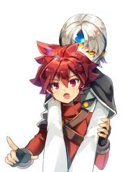 Rule 34 | 1boy, 1girl, another code (elsword), black capelet, black gloves, blue gemstone, capelet, carrying, carrying person, elsword, elsword (character), eve (elsword), fingerless gloves, forehead jewel, gem, gloves, grey hair, knight (elsword), long sleeves, myagarin, open mouth, pointing, red eyes, red hair, red shirt, shirt, short hair, simple background, upper body, white background, white shirt, yellow eyes