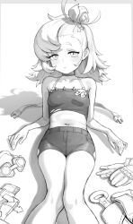 1girl asymmetrical_bangs bandeau bare_shoulders breasts buckle chagama_teishoku choker closed_mouth crop_top elbow_rest expressionless feet_out_of_frame goggles greyscale hair_bun highres light_blush looking_at_viewer medium_hair midriff monochrome navel piper_wheel reclining shadow short_shorts shorts small_breasts snap-fit_buckle solo unfinished unworn_goggles zenless_zone_zero