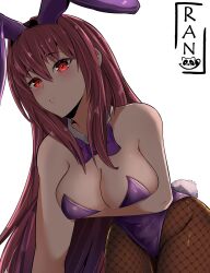 absurdres breast_press breasts fate/extella fate/extella_link fate/extra fate/grand_order fate_(series) fishnets highres leaning_forward leotard long_hair looking_at_viewer medium_breasts pantyhose playboy_bunny rabbit_ears rabbit_tail ran_sk ribbon scathach_(fate) scathach_(piercing_bunny)_(fate) simple_background thighhighs