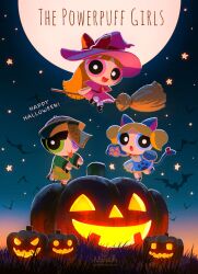Rule 34 | 3girls, animal costume, animal ears, animal hands, artist name, bat (animal), black hair, blonde hair, blossom (ppg), blue dress, blue eyes, blunt bangs, blunt ends, broom, broom riding, bubbles (ppg), buttercup (ppg), capelet, cat costume, cat ears, cat paws, cat tail, dress, full body, full moon, green eyes, halloween costume, happy halloween, hat, highres, jack-o&#039;-lantern, jiangshi costume, long hair, moon, multiple girls, noah (rokoroko), one eye closed, open mouth, orange hair, pink capelet, pink dress, pink eyes, powerpuff girls, ribbon, short hair, siblings, sisters, smile, tail, tail ornament, tail ribbon, tongue, tongue out, twintails, twitter username, witch, witch hat