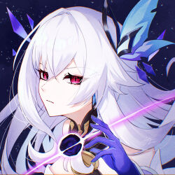 1girl absurdres bare_shoulders black_hole blue_sky breasts closed_mouth commentary_request crystal_earrings detached_sleeves earrings feather_hair_ornament feathers floating_hair genshin_impact hair_between_eyes hair_ornament hand_up highres izanaware_game jewelry long_hair looking_at_viewer medium_breasts night night_sky outdoors prosthesis prosthetic_arm purple_hands red_eyes signature skirk_(genshin_impact) sky solo star_(sky) starry_sky upper_body white_hair white_sleeves
