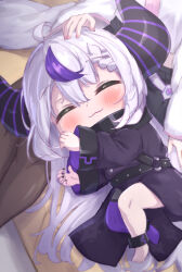 2girls :3 aged_down ahoge barefoot black_dress black_nails black_skirt blush braid braided_bangs brown_pantyhose closed_eyes closed_mouth commentary_request demon_horns dress grey_hair hair_between_eyes hakui_koyori hakui_koyori_(1st_costume) hand_on_another&#039;s_head highres hololive horns jacket la+_darknesss la+_darknesss_(1st_costume) lap_pillow long_hair long_sleeves masaki_(msk064) multicolored_hair multiple_girls nail_polish pantyhose pleated_skirt purple_hair skirt solo_focus streaked_hair very_long_hair virtual_youtuber white_jacket wide_sleeves