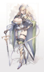 1girl absurdres armored_boots asymmetrical_sleeves baketsu black_gloves black_panties black_thighhighs blonde_hair boots breasts cleavage commentary_request dress elf full_body gloves green_eyes hair_ornament hand_on_hilt hand_on_own_hip highres huge_breasts knee_boots long_hair long_sleeves looking_at_viewer original panties panty_straps pelvic_curtain pointy_ears puffy_long_sleeves puffy_sleeves solo sword thigh_strap thighhighs thighhighs_under_boots underwear weapon white_boots white_dress x_hair_ornament
