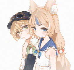2girls ahoge animal_ear_fluff animal_ears arm_over_shoulder blonde_hair blue_eyes blue_hair blue_hat blue_overalls blue_sailor_collar blunt_bangs cat_ears chest_bow collared_shirt commentary dino_(dinoartforame) dooby_(vtuber) dress english_commentary flat_chest frilled_shirt_collar frills goggles goggles_on_headwear green_eyes hat highres indie_virtual_youtuber long_hair looking_at_viewer low_twintails mouse_girl multicolored_hair multiple_girls overalls sailor_collar sameko_saba shirt short_hair simple_background sleeveless sleeveless_dress streaked_hair twintails virtual_youtuber white_background white_dress white_shirt