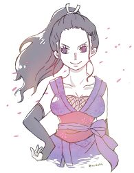 1girl black_hair closed_mouth commentary_request cowboy_shot eyelashes falling_petals hand_on_own_hip highres looking_to_the_side nico_robin ninja one_piece petals ponytail purple_eyes ruika46 sash sidelocks simple_background sleeveless smile solo twitter_username