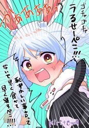 Rule 34 | 1girl, anger vein, animal ear fluff, animal ears, bare shoulders, black gloves, blue background, blush, braid, brown eyes, carrot hair ornament, don-chan (usada pekora), emphasis lines, food-themed hair ornament, fur-trimmed gloves, fur trim, gloves, hair ornament, highres, hololive, kiritoma, long hair, looking at viewer, nose blush, open mouth, pointing, pointing at viewer, rabbit-shaped pupils, rabbit ears, short eyebrows, signature, solo, sweat, symbol-shaped pupils, thick eyebrows, translation request, twin braids, twintails, upper body, usada pekora, usada pekora (1st costume), v-shaped eyebrows, virtual youtuber