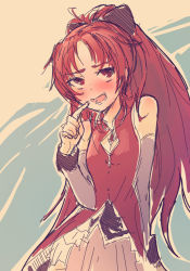10s 1girl blush bow detached_sleeves drawfag fang female_focus hair_bow long_hair magical_girl mahou_shoujo_madoka_magica mahou_shoujo_madoka_magica_(anime) orz_(orz57) ponytail red_eyes red_hair sakura_kyoko sakura_kyoko_(magical_girl) solo