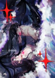 2boys absurdly_long_hair alternate_species alternate_universe artist_name black_eyes black_hair blood blood_on_chest blood_on_face blood_on_mouth brown_hair closed_mouth collared_shirt colored_extremities dark_background eye_contact green_eyes he_xuan highres long_hair looking_at_another male_focus merman meru90 monster_boy multiple_boys nude ocean open_clothes open_mouth open_shirt pink_blood pointy_ears purple_theme shi_qingxuan shirt sparkle tianguan_cifu very_long_hair water watermark waves white_shirt yaoi