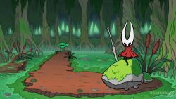 1boy 1girl 2022 artist_name cape cattail colored_skin commentary crossover english_commentary forest full_body green_skin highres hollow_knight hornet_(hollow_knight) lily_pad log looking_at_viewer moss mr._frog_(smiling_friends) nature outdoors path plant planted planted_spear polearm red_cape road rock running sitting smiling_friends solo_focus spear theartofsilent tree water weapon