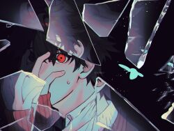 1boy ai_the_somnium_files ai_the_somnium_files:_nirvana_initiative artist_name black_background black_hair blue_butterfly broken_glass bug butterfly collared_shirt fingerless_gloves glass glass_shards gloves hand_on_own_face highres insect looking_at_viewer male_focus nanarei7 orange_gloves partially_shaded_face red_eyes reflection ryuki_kuruto shirt short_hair solo sweatdrop white_shirt