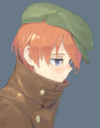 1girl blue_eyes buttons closed_mouth collared_jacket commentary_request double-breasted eyebrows_hidden_by_hair from_side green_hat grey_background hair_between_eyes half-closed_eyes hat high_collar highres isabelle_du_monceau_de_bergendal jacket leather leather_jacket newsboy_cap noble_witches orange_hair portrait shiratama_(hockey) short_hair sidelocks simple_background solo tilted_headwear world_witches_series