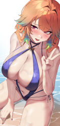 1girl :d blue_one-piece_swimsuit blush breasts casual_one-piece_swimsuit cleavage colored_inner_hair commentary criss-cross_halter english_commentary feathers green_feathers green_hair halterneck hand_up highres hololive hololive_english large_breasts lessone long_hair multicolored_hair navel official_alternate_costume one-piece_swimsuit open_mouth orange_hair paid_reward_available perfume_(takanashi_kiara) purple_eyes side-tie_one-piece_swimsuit sitting smile solo swimsuit takanashi_kiara teeth upper_teeth_only v virtual_youtuber water
