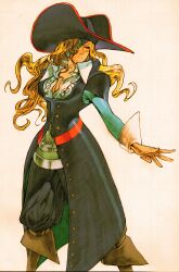 1girl absurdres arm_behind_back bengus blonde_hair boots breasts brown_boots brown_eyes capcom cleavage collared_shirt expressionless eyepatch feet_out_of_frame game_cg hat highres long_hair long_sleeves marvel marvel_vs._capcom marvel_vs._capcom_2 non-web_source official_art outstretched_arm pirate pirate_hat portrait ruby_heart scan shirt sleeve_cuffs solo standing