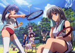 Rule 34 | 5girls, blonde hair, blue eyes, blue hair, brown eyes, brown hair, clannad, dango daikazoku, day, double vertical stripe, dress, fujibayashi kyou, fujibayashi ryou, furukawa nagisa, grey hair, gym uniform, hat, highres, ibuki fuuko, long hair, multiple girls, official art, okazaki tomoya, ponytail, purple eyes, purple hair, racket, sakagami tomoyo, short hair, siblings, sisters, sportswear, sundress, sunohara youhei, takahashi mariko, tennis racket, tennis uniform, thighhighs, twins, very long hair