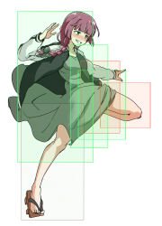 aozaki_aoko black_jacket blush bocchi_the_rock! braid dress fighting_game full_body geta green_dress highres hiroi_kikuri hitbox jacket long_hair melty_blood open_clothes open_jacket simple_background torako_(toramaru) tsukihime white_background