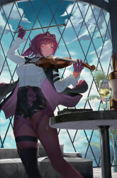 1girl absurdres alcohol bed black-framed_eyewear black_boots black_jacket black_shorts blue_sky blush boots bottle bow_(music) box_(bagsang59049289) breasts closed_mouth cloud cloudy_sky collared_shirt commentary cowboy_shot cup day drinking_glass english_commentary eyewear_on_head floor gloves gun handgun hands_up high-waist_shorts highres holding holding_bow_(music) holding_instrument holding_violin honkai:_star_rail honkai_(series) indoors instrument jacket jar kafka_(honkai:_star_rail) long_hair long_sleeves looking_to_the_side low_ponytail medium_breasts music open_clothes open_jacket pantyhose pillow pink_eyes plant playing_instrument ponytail puffy_long_sleeves puffy_sleeves purple_gloves purple_hair purple_jacket purple_pantyhose shirt shorts sidelocks sky smile solo standing sunglasses table thigh_strap two-sided_fabric two-sided_jacket violin weapon white_shirt wine wine_glass