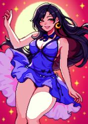 1girl aseprite_(medium) black_hair bloom breasts choker cleavage commentary crescent crescent_earrings dress earrings english_commentary final_fantasy final_fantasy_vii final_fantasy_vii_remake full_moon highres jewelry large_breasts long_hair looking_at_viewer moon official_alternate_costume pixel_art red_eyes ribbon_choker sleeveless sleeveless_dress solo sparkle thighs tifa_lockhart tifa_lockhart_(refined_dress) very_long_hair yumykon