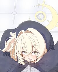 1boy 1girl absurdres beret black_coat black_gloves black_hat black_sailor_collar blonde_hair blue_archive blush coat commentary fluffy_hair gloves green_eyes hair_intakes halo hat highres long_hair looking_at_viewer pov pov_crotch professor_niyaniya_(blue_archive) sailor_collar side_ahoge solo solo_focus unzipping_with_mouth yellow_halo yuto_xo