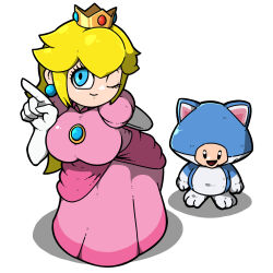 1girl ;) arm_behind_back bent_over blonde_hair blue_brooch blue_eyes blue_gemstone breasts cat_toad_(mario) closed_mouth crown dress earrings elbow_gloves eyelashes gem gloves hand_up highres index_finger_raised jewelry large_breasts long_hair mario_(series) name_omoitukan2 nintendo one_eye_closed pink_dress princess_peach puffy_short_sleeves puffy_sleeves shadow short_sleeves simple_background smile super_mario_3d_world white_background white_gloves