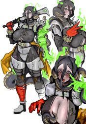 Rule 34 | 1girl, armor, bandages, breasts, cleavage, fire, freckles, gloves, highres, holding, holding sword, holding weapon, large breasts, looking at viewer, original, sfour s4, simple background, solo, sword, tagme, tentacle hair, tentacles, underboob, v, waist cape, weapon, white background