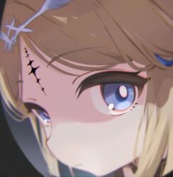 1girl blonde_hair blue_eyes cartethyia_(wuthering_waves) commentary crown_of_thorns eyelashes fisheye gywin39 looking_at_viewer pale_skin shadow solo symbol-only_commentary tacet_mark_(wuthering_waves) wuthering_waves
