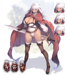 1girl absurdres baketsu boots breasts brown_boots brown_gloves cape cleavage dark_elf dark_elf_swordswoman_(baketsu) elf full_body gem gloves highres holding holding_sword holding_weapon large_breasts leotard long_hair long_sleeves looking_at_viewer multiple_expressions original pointy_ears red_cape red_eyes red_gemstone solo standing sword thigh_boots thighhighs weapon white_hair white_leotard white_thighhighs