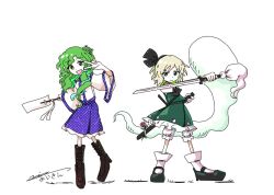 2girls :d ascot bare_shoulders black_ascot black_bow black_hairband black_shoes bloomers blue_skirt boots bow brown_boots closed_mouth collared_shirt detached_sleeves dot_nose facing_viewer frilled_skirt frills frog_hair_ornament full_body gohei green_eyes green_hair green_skirt green_vest hair_bow hair_ornament hairband happy holding holding_gohei holding_sword holding_weapon katana kochiya_sanae konpaku_youmu konpaku_youmu_(ghost) lace-up_boots loafers long_sleeves looking_at_viewer medium_hair multiple_girls open_mouth patterned_clothing print_skirt scabbard sheath shirt shoes short_hair signature simple_background single_sidelock skirt skirt_set sleeveless sleeveless_shirt smile snake_hair_ornament socks sword touhou underwear v v-shaped_eyebrows vest wavy_hair weapon white_background white_hair white_socks wide_sleeves yoiy_san