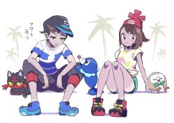 1boy 1girl arm_support baseball_cap beanie black_headwear blue_footwear brown_eyes brown_hair capri_pants closed_mouth commentary cosplay creatures_(company) elio_(pokemon) elio_(pokemon)_(cosplay) eyelashes floral_print game_freak gen_7_pokemon gloria_(pokemon) green_shorts hat highres hot litten mikanbako_(aitatadon3) nintendo palm_tree pants pokemon pokemon_sm pokemon_swsh popplio red_headwear rowlet selene_(pokemon) selene_(pokemon)_(cosplay) shirt shoes short_hair short_shorts short_sleeves shorts sitting smile starter_pokemon_trio striped_clothes striped_shirt sweat symbol-only_commentary t-shirt tied_shirt tree victor_(pokemon)