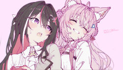 animal_ear_fluff animal_ears antenna_hair azki_(4th_costume)_(hololive) azki_(hololive) black_hair blush blush_stickers braid colored_inner_hair dress hair_between_eyes hair_ornament hakui_koyori hakui_koyori_(1st_costume) hololive long_hair looking_at_viewer multicolored_hair nekonui open_mouth pink_background pink_hair purple_eyes shirt smile streaked_hair teeth virtual_youtuber white_dress white_hair white_shirt wolf_ears wolf_girl