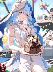 2girls abby_(wuthering_waves) absurdres aida_noa armlet blue_dress blue_hair blue_veil blurry blurry_background breasts cake camellya_(wuthering_waves) closed_mouth colored_eyelashes commentary_request dress food hair_between_eyes highres holding holding_cake holding_food jewelry large_breasts long_hair looking_at_viewer multiple_girls purple_eyes shorekeeper_(wuthering_waves) sitting sketch sleeveless sleeveless_dress smile solo_focus split_mouth two-tone_veil unfinished veil white_veil wuthering_waves