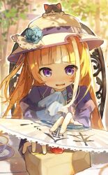 1girl akikawa_yayoi_(umamusume) animal animal_on_head ascot blonde_hair blue_ascot blue_eyes blue_flower blue_shirt blurry blurry_background cat cat_on_head commentary_request cup flower hand_fan harufude hat hat_flower hat_ribbon highres holding holding_fan jacket juliet_sleeves long_hair long_sleeves looking_at_viewer multicolored_eyes multicolored_hair on_head open_clothes open_jacket open_mouth puffy_sleeves purple_eyes purple_jacket purple_ribbon ribbon shirt smile solo streaked_hair sun_hat teacup two-tone_eyes two-tone_hair umamusume watermark white_hair white_hat