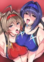 2girls absurdres blue_hair blue_headband blue_one-piece_swimsuit blush breasts brown_hair competition_swimsuit hair_intakes headband heart heart-shaped_pupils highres karin_(halcon) kasumi_(halcon) large_breasts multiple_girls non-web_source one-piece_swimsuit original red_eyes red_one-piece_swimsuit short_hair swimsuit symbol-shaped_pupils